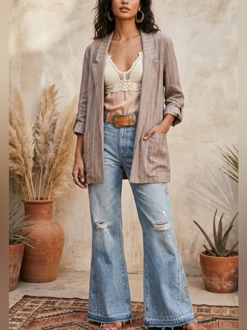 Pull & Bear Blazer Jacket S Taupe Linen Blend Stripe Open Front Rolled Sleeves
